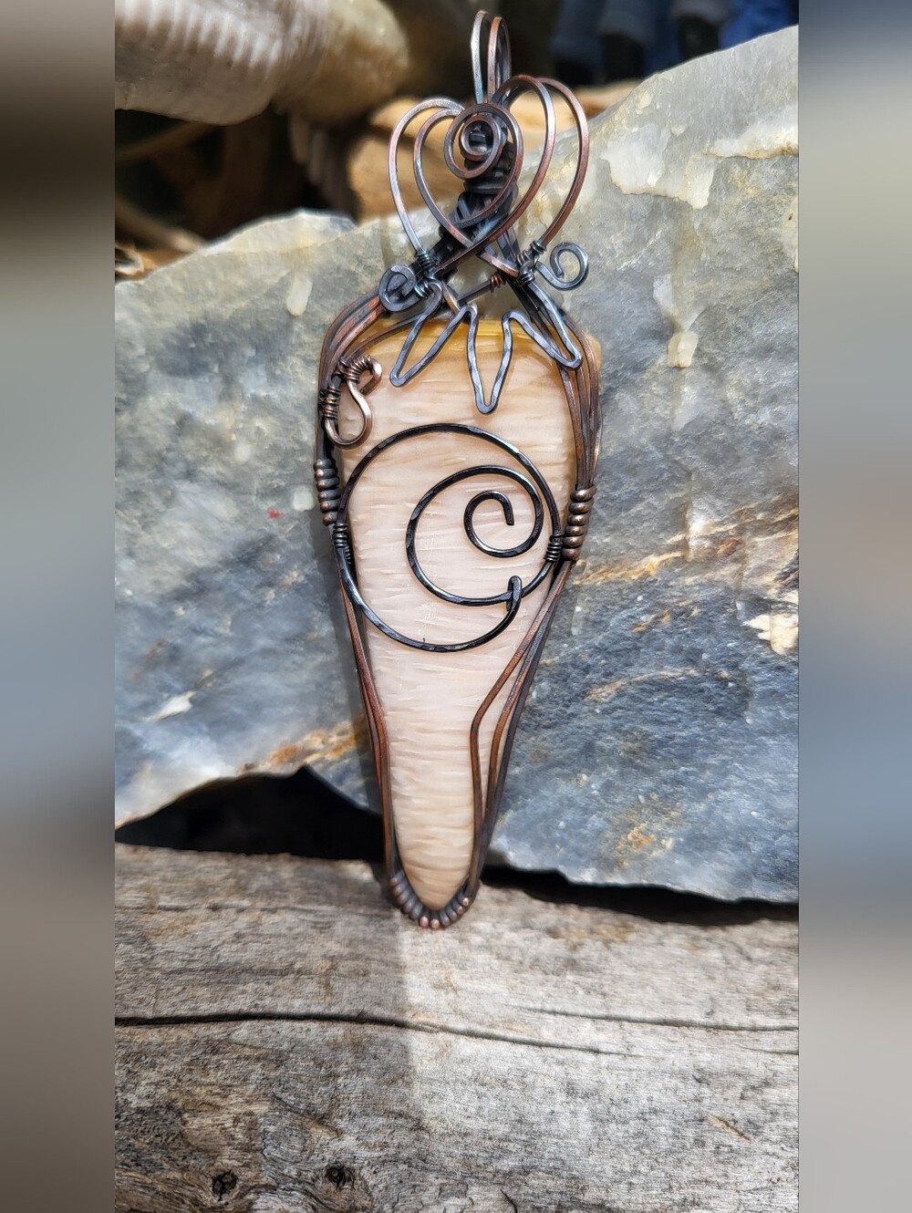 Handcrafted Copper Wire Wrapped Petrified Palm Wood Pendant - Picture 3 of 3